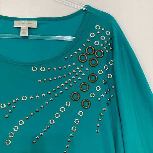 Dressbarn size 3X Blue Teal Embellished Artsy Stretch Knit 3/4 Sleeve Blouse - Picture 3 of 8